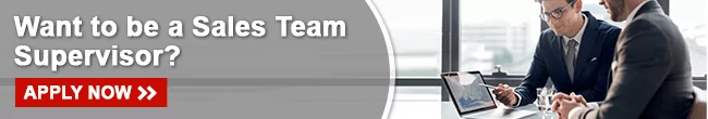 Job opening email banner An email banner with the message "Want to be a Sales Team Supervisor?" and an "APPLY NOW" button, next to a photo of two men in suits looking at a tablet.
