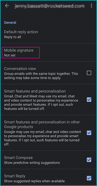 Mobile signatures - Android phone A screenshot from an Android Phone menu, with a pink square around the "Mobile signature not set" button.