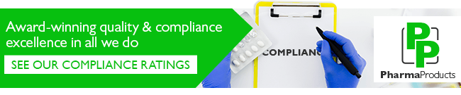 Pharmaceutical-email-signature-banner-example-compliance-credentials An email banner with the message "Award-winning quality & compliance excellence is all we do, SEE OUR COMPLIANCE RATINGS", next to a photo of gloved hands writing on a clipboard, and the PharmaProducts logo.