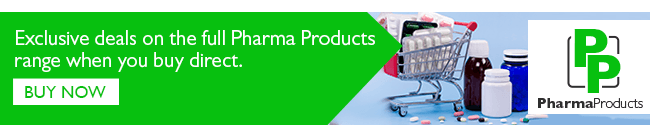 Pharmaceutical-email-signature-banner-example-sales An email banner with the message "Exclusive deals on the full Pharma Products range when you buy direct, BUY NOW", next to a photo of a miniature shopping trolley surrounded by pills, and the PharmaProducts logo.
