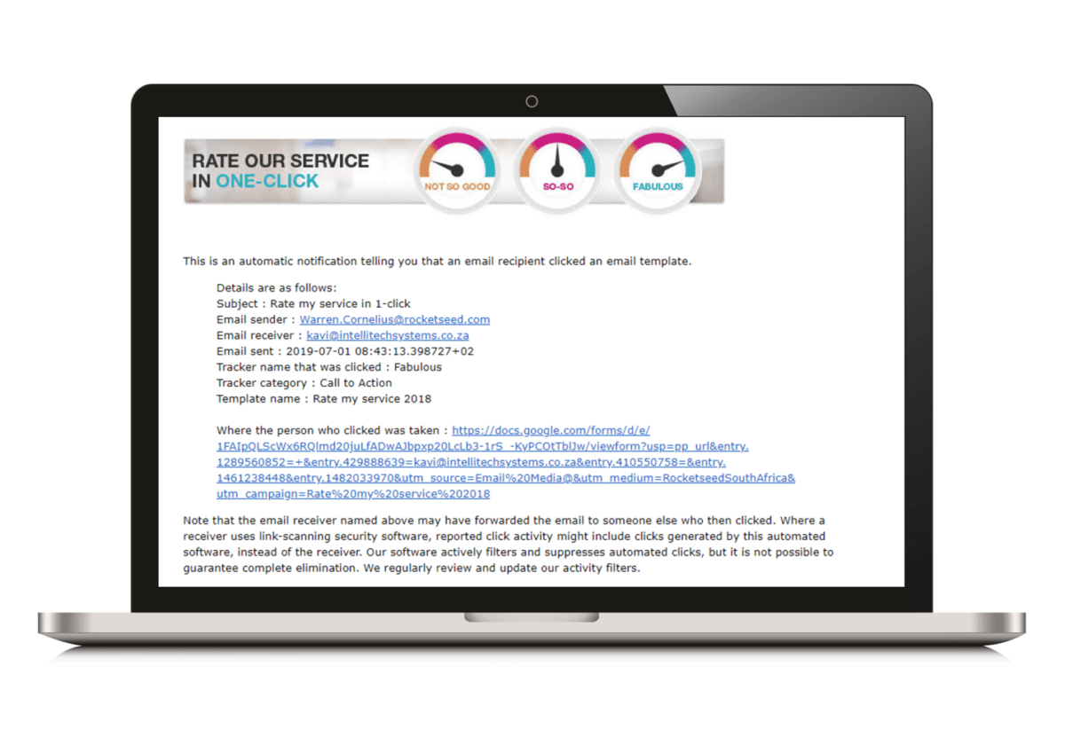 Rate my Service Click Notification_smaller A laptop showing a mockup of an "email recipient clicked on an email template" report.