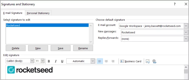 Resize logo in Outlook signatures.fw A screenshot of a window titled Signatures and Stationary, with Rocketseed selected under Select signature to edit, and the Rocketseed logo visible in the text editor.