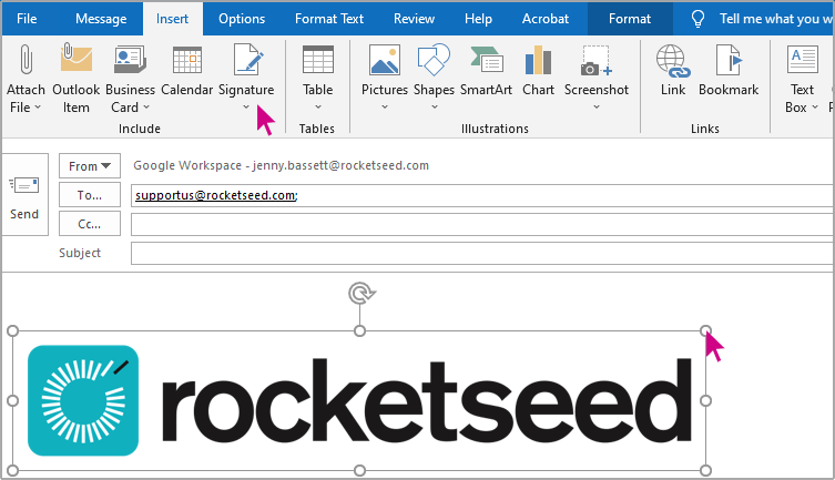 Resize logo in Outlook.fw A screenshot of Outlook's email composer, with an arrow hovering over the Signature button and the Rocketseed logo inserted into the text body.