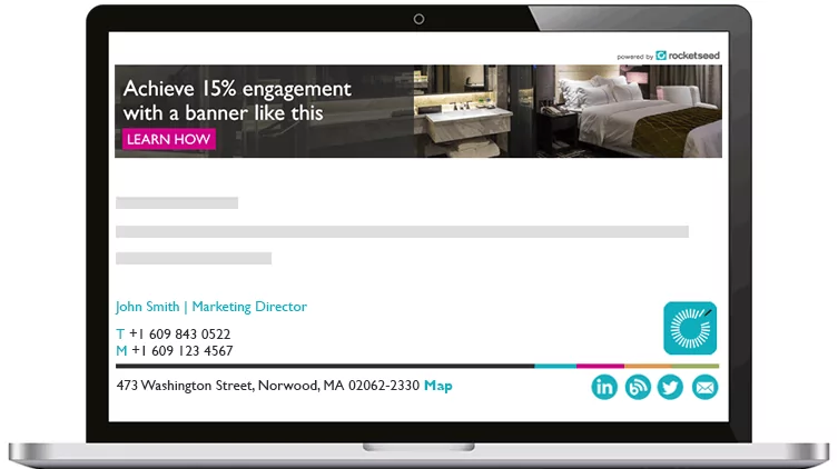 rocketseed-email-signature-marketing-hospitality-index A laptop showing an email from John Smith on screen, with a Rocketseed branded banner and email signature.
