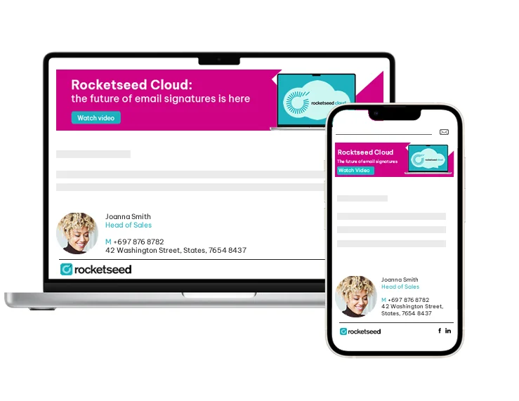 Rocketseed email signture marketing at scale with Cloud.fw An example of a professional branded email signature with a email signature banner displayed in a laptop and mobile screen.