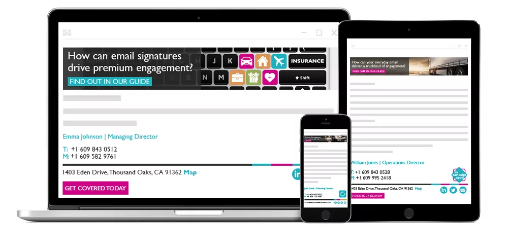 rocketseed-industry-guides-index-email-signature-marketing A laptop, iPhone, and tablet, all showing a Rocketseed email banner & signature on-screen.