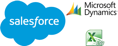 Solutions for IT-CRM integration The SalesForce logo, the Excel CSV logo and a Microsoft graphic on a black background.