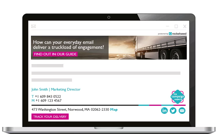 Transport_Logistics_Branded_email A laptop showing an email from William Jones on screen, with a The Campaign Experts branded banner and email signature.