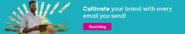 Agriculture-Blog-Banner-2-_1_ A blue email banner with a black male holding a laptop in the Rocketseed logo cut out with text that reads "Cultivate your brand with every email you send" to promote agriculture email signature marketing and a pink call-to-action that reads "read blog"