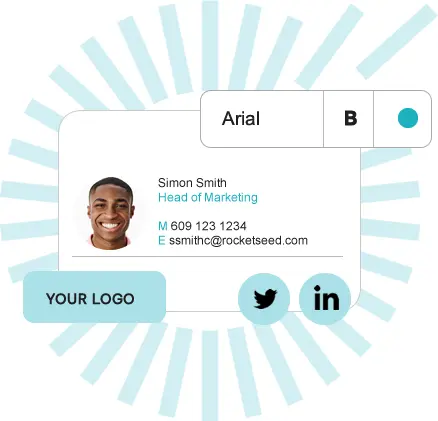 Centrally Control Company email signatures.fw An image of a email signature with the elements (icons, contact details etc) floating around. Over a Rocketseed roundel