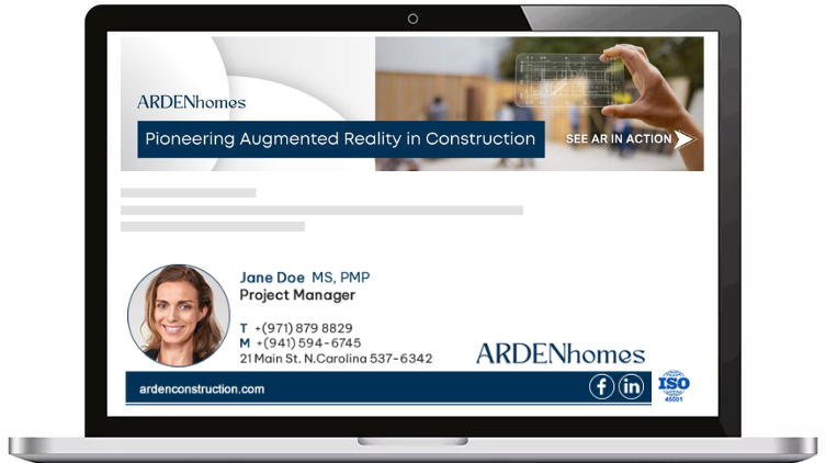 Construction company email signature example Construction company email signature featuring a promotional banner displayed on a laptop