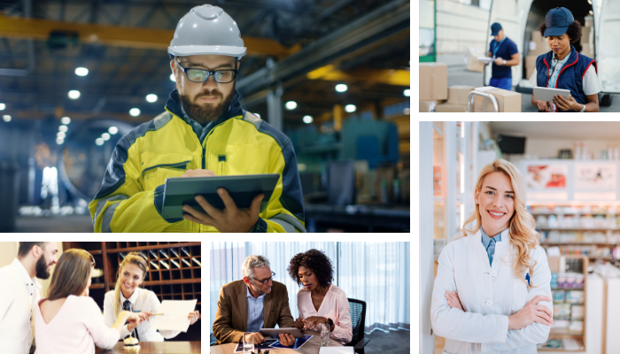 The Versatility of Email Signature Marketing Across Industries 6 A diverse group of professionals in various industries, specifically Construction, Hotels, Pharmaceuticals, Insurance, Transportation & Logistics.