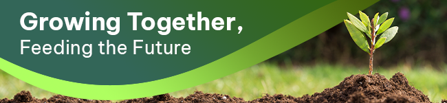 Growing-Together_-Feeding-the-Future-banner Email marketing banner with a plant growing out of the soil and text reading "Growing together, feeding the future" in white with a green background