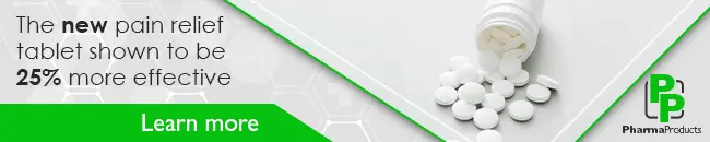 Pharma-banner-2 An email banner with the PharmaProducts logo in the bottom left corner, a spilt bottle of white pills in the centre, and the words "The new pain relief tablet shown to be 25% more effective" and "Learn more" on the right.