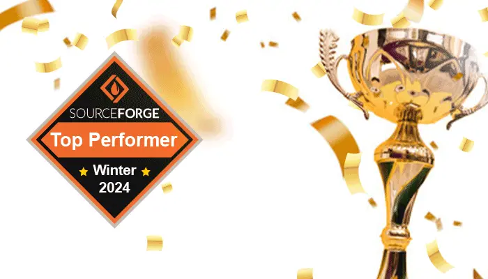Rocketseed named a 2024 Top Email Signature Performer by SourceForge 14 An image featuring a SourceForge Top Perfomer - Winter 2024 Badge awarded to Rocketseed for their Email Signature Software, with a supporting trophy.