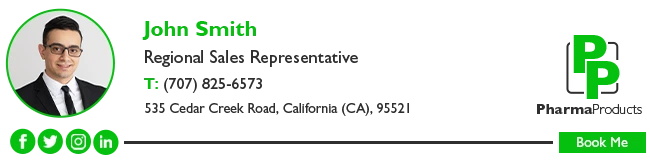 Sales-Rep-email-signature An email signature banner for John Smith, with a profile photo on the left side, contact details in the middle, the PharmaProducts logo on the right, and various social media icons along the bottom.